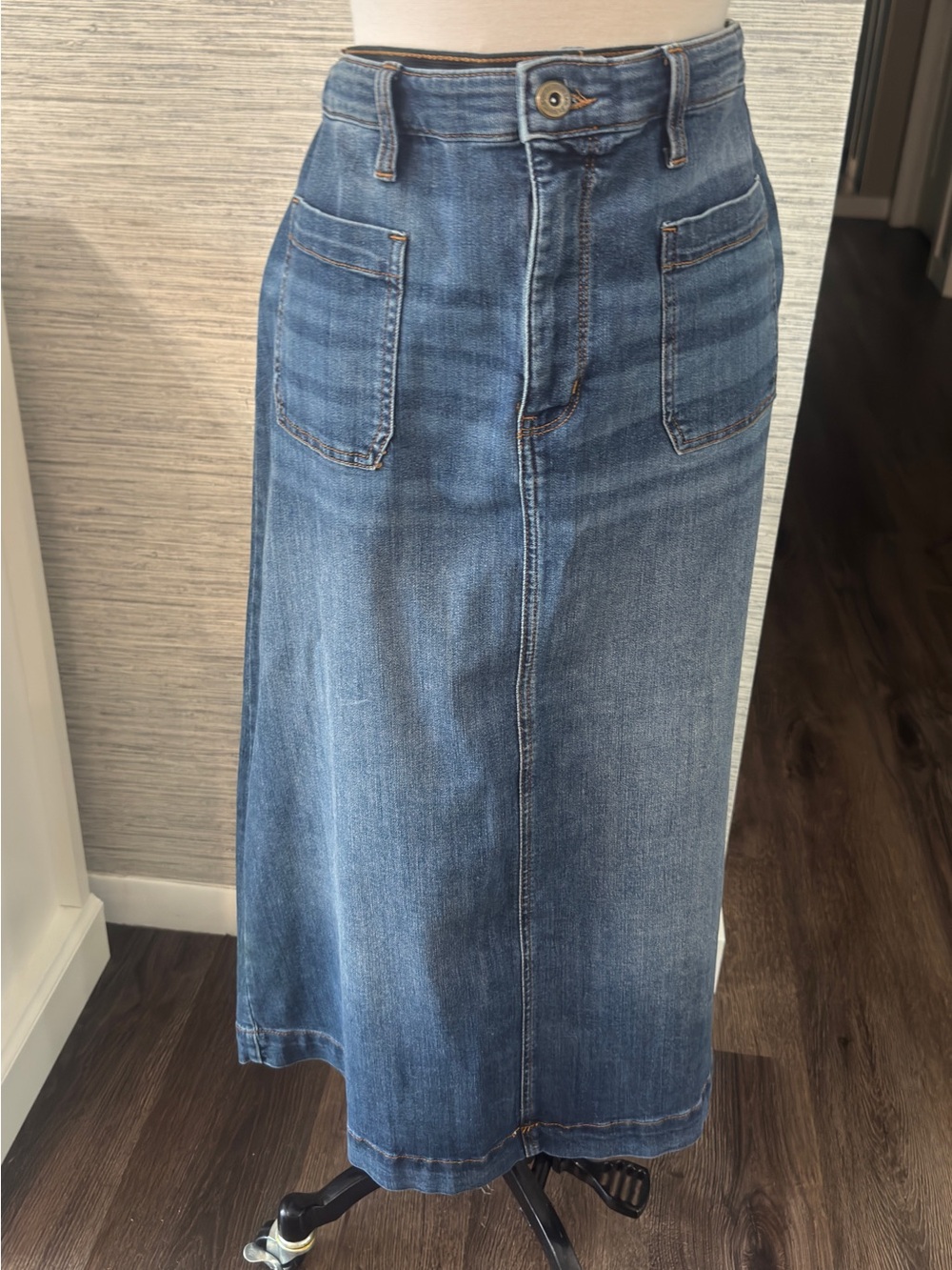 St. John's Bay Blue Denim A-Line Midi Skirt with Front Patch Pockets